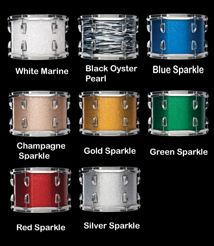 Ludwig Legacy Classic shell color selection chart, White Marine, Black Oyster Pearl, Blue Sparkle, Gold Sparkle, Chanpagne Sparkle, Green Sparkle, Red and Silver Sparkle.