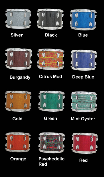 Ludwig glass glitter color chart for legacy classic drums offers Red wrap, Silver, Blue, Black, Burgandy glass glitter, Gold, Green, Mint Oyster, Orange and the new Pychedelic (Psyc) Red.