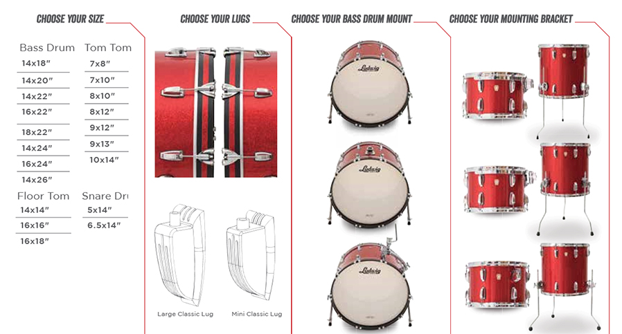 Ludwig classic maple quick pick drum hardware options and size options